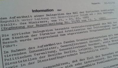 Stasi-Rapport über syrische Delegation zu Gast im DDR-Innenministerium und dem MfS, März 1989 (© BStU)
