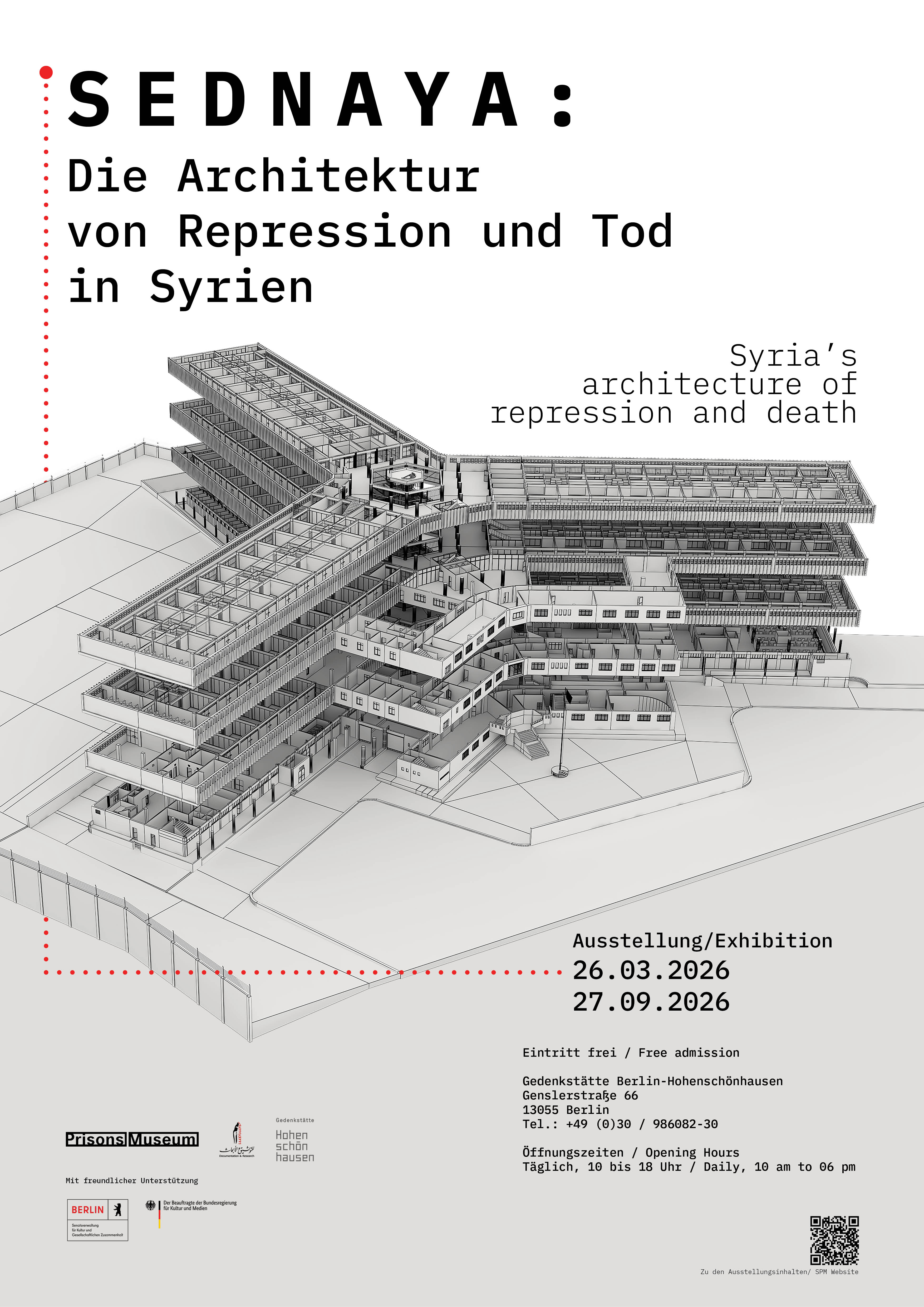 Plakat zur Ausstellung mit 3D Grafik des ehemaligen Sednaya Gefängnisses